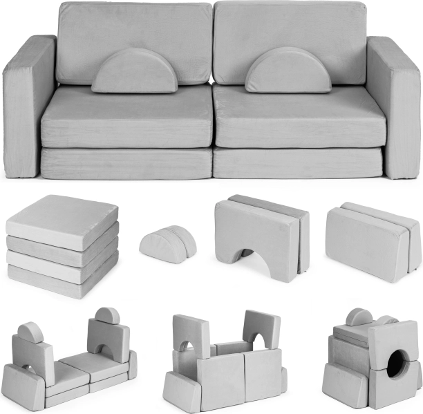 Canapea modulară pliabilă mare cu două locuri pentru copii DIY cu 10 perne moi - gri ECOTOYS