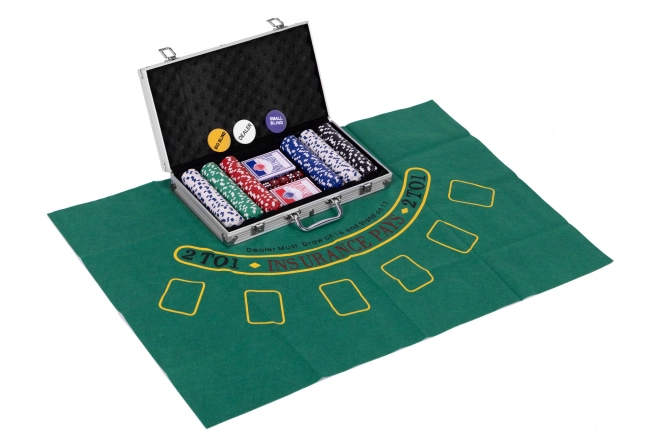 Set Poker Blackjack cu 300 Jetoane, 2 Pachete Cărți, Zaruri și Husă cu Încuietoare