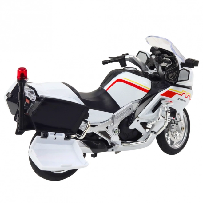 Motocicletă din metal cu lumini și sunete, albă cu dungi roșii și galbene 1:12
