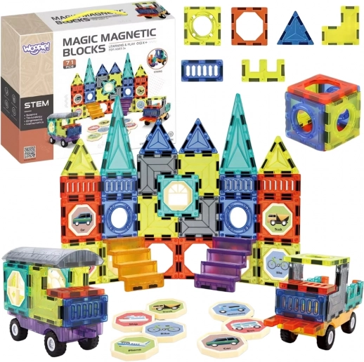 Woopie seturi de construcție magnetice 3D – castel și vehicule, 71 piese