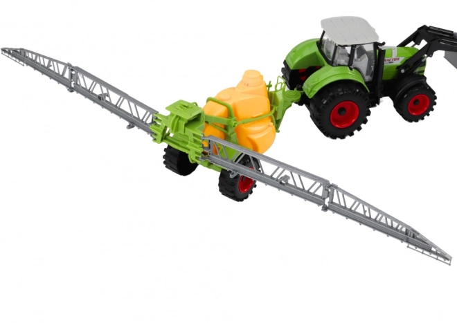 Tractor multifuncțional cu excavator și pulverizator verde