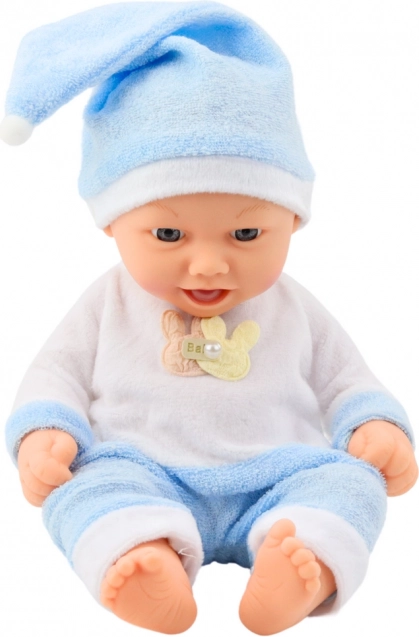 Păpușă bebeluș în pijama albastră cu căciuliță cu ciucuraș