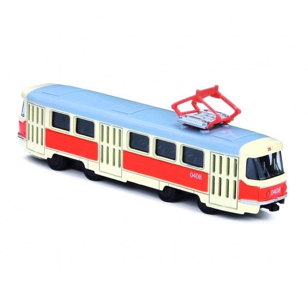 Tramvai retro Tatra T3 din metal, 16 cm, cu întoarcere, în cutie, design CZ