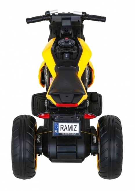 Viitoarea motocicletă pentru copii pe baterii galbenă + Panou audio + Pornire lină + Roți EVA
