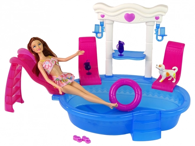 Set păpușă cu accesorii piscină și tobogan