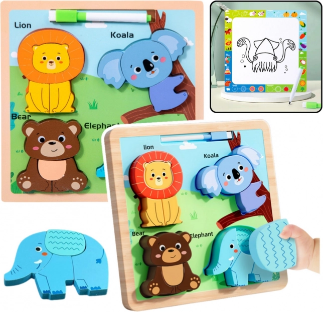 Puzzle educațional din lemn cu animale și tablă de desen