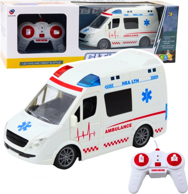 Ambulanță de salvare cu telecomandă cu lumini și sunete 1:20 albă