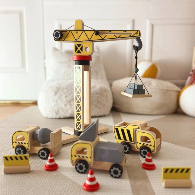 Set de construcție din lemn XXL cu macara rotativă și vehicule Woopie Green