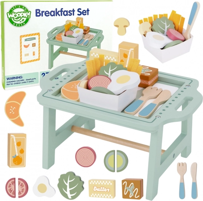 Set Mic Dejun Woopie Green cu Tavă și Accesorii din Lemn Pastel
