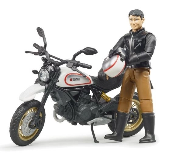 Motocicletă Scrambler Ducati Cafe Racer cu figurina de pilot