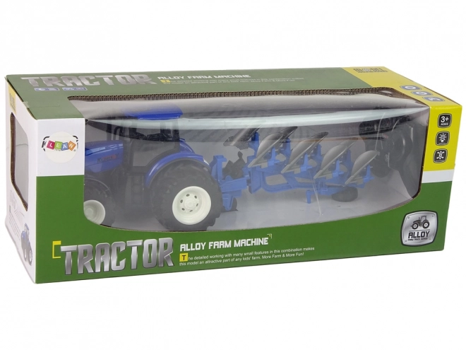 Tractor cu telecomandă 1:24 albastru cu plug de metal