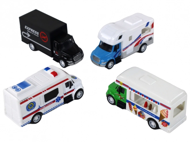 Set vehicule cu motor friction 1:87 - Camion, ambulanță, rulotă, cofetărie pe roți