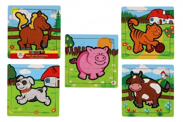 Mini puzzle din lemn 9 piese Primele mele animale pentru cei mici 15x15x0,8cm 6 tipuri