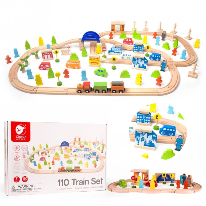Set trenuleț de lemn Classic World cu accesorii 110 piese
