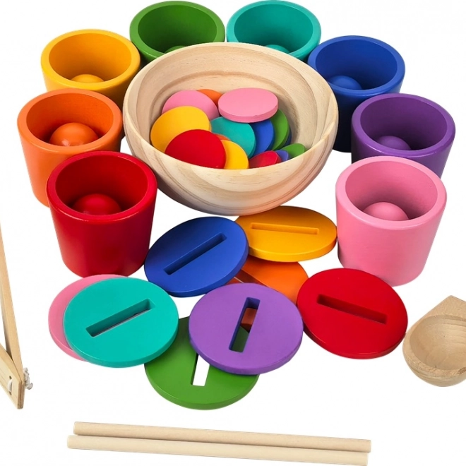 Bile, monede și cupe curcubeu – set montessori din lemn, 8 culori