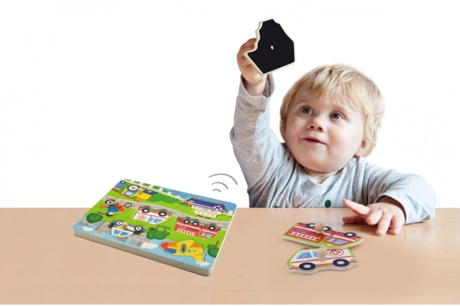 Puzzle din lemn cu sunete Vehicule
