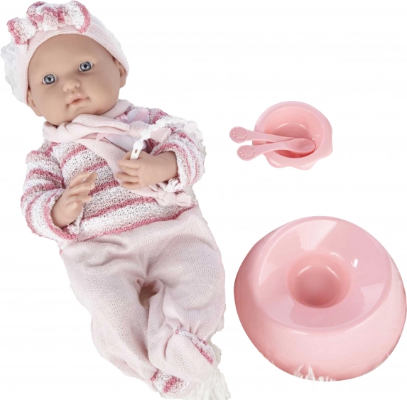 Păpușă bebeluș în salopetă roz 40 cm cu accesorii