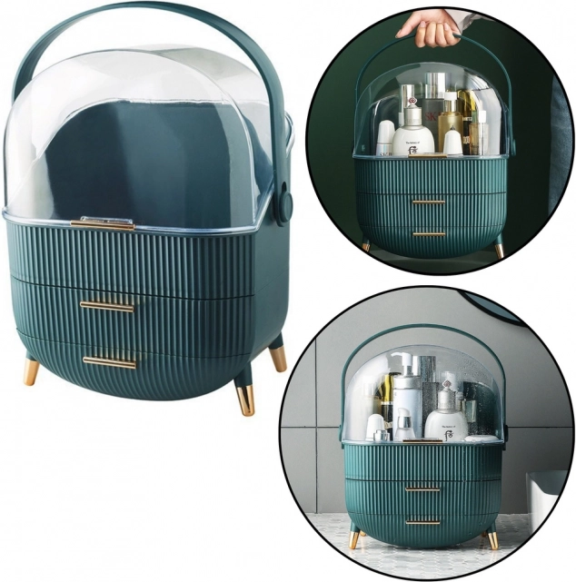Organizator pentru produse cosmetice cu capac transparent și două sertare verde