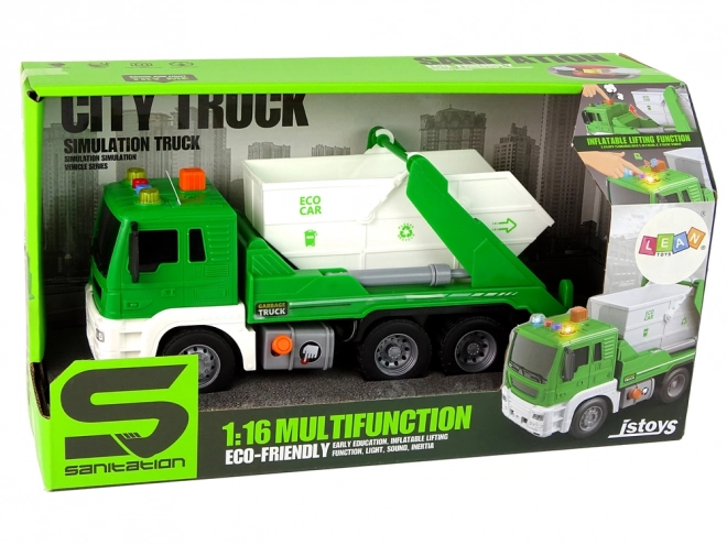 Camion de gunoi verde cu mecanism cu frecare 1:16