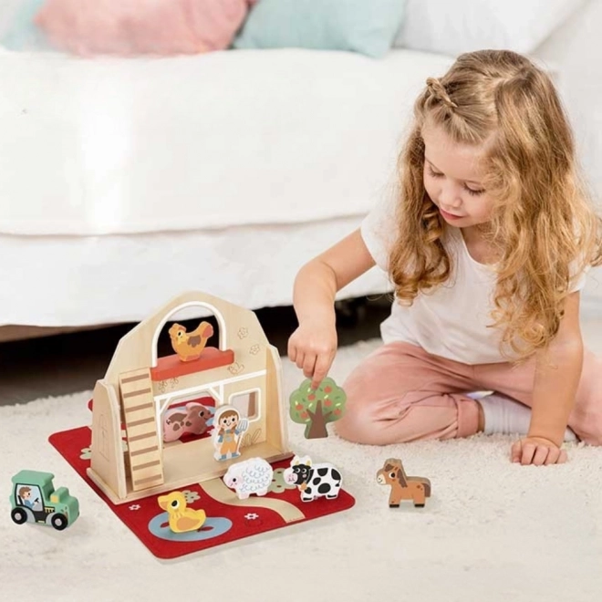 Tooky Toy Ferma din lemn pliabilă cu figurine de animale