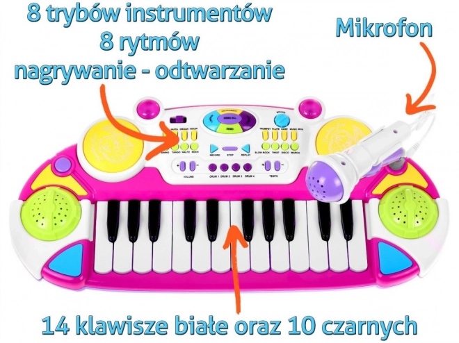 Set roz muzical cu keyboard, tobe și microfon pentru copii 3+ ani