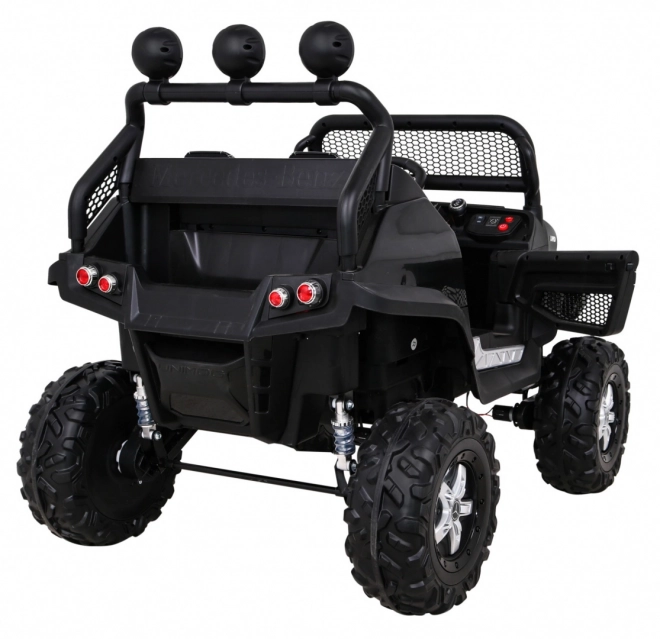 Mercedes Benz Unimog pentru copii negru + tracțiune 4x4 + telecomandă + spațiu pentru bagaje + pornire lentă + MP3 LED