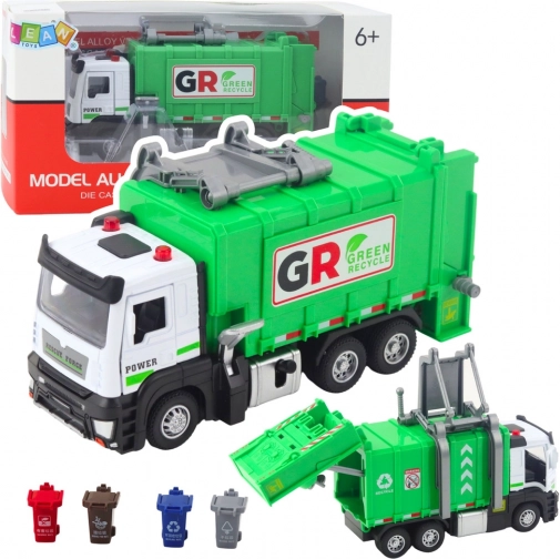 Mașină de gunoi cu mecanism cu volant, lumini și sunete – 4 coșuri de reciclare, verde