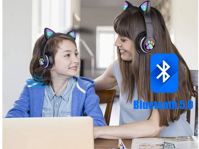 Căști wireless bluetooth radio fm mp3 urechi de pisică cu LED iluminat