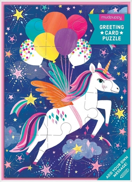 Puzzle cu unicorn cu felicitare