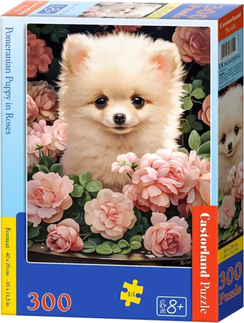 Puzzle cățeluș Pomeranian printre trandafiri 300 de piese