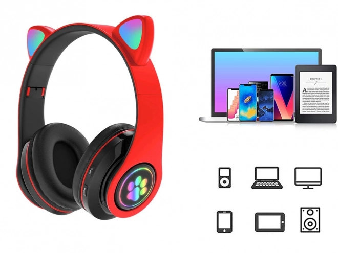 Căști wireless bluetooth radio fm mp3 urechi de pisică cu LED iluminat
