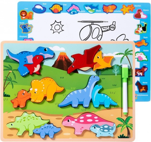 Puzzle educativ din lemn cu dinozauri și tablă de desen