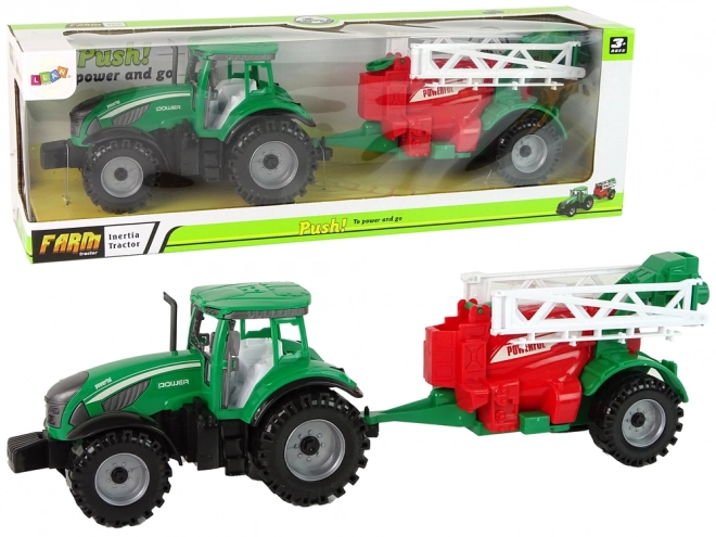 Tractor verde cu pulverizator roșu-verde cu tracțiune prin frecare