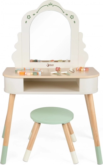 Masa de toaletă din lemn cu oglindă rotundă și accesorii Pastel Classic World