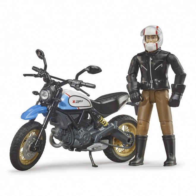 Motocicletă Scrambler Ducati Cafe Racer cu figurina de pilot