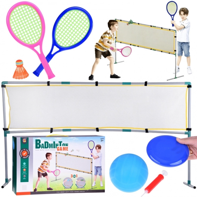 Set sportiv 3 în 1: plasă volei, minge badminton, disc