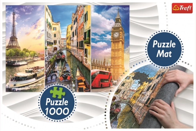 Puzzle Trefl cu colaj orașe Paris-Veneția-Londra 1000 piese + Suport pentru puzzle