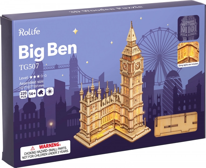 Puzzle 3D din lemn turn cu ceas Big Ben luminos