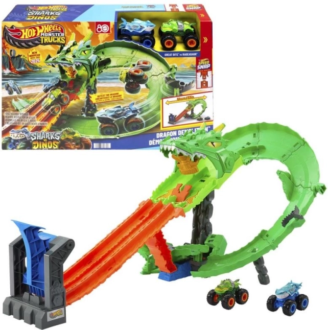 hot wheels monster trucks cursa dragonului – set de pistă cu dublă lansare și 2 mașini