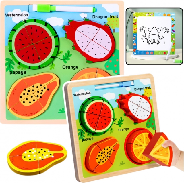 Puzzle educațional din lemn cu tablă de desenat - Fructe