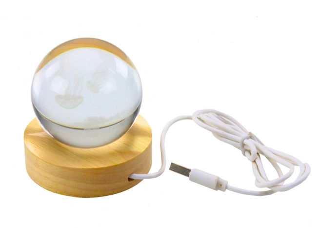 Lampă Meduză 3D cu cristal luminos și bază din lemn