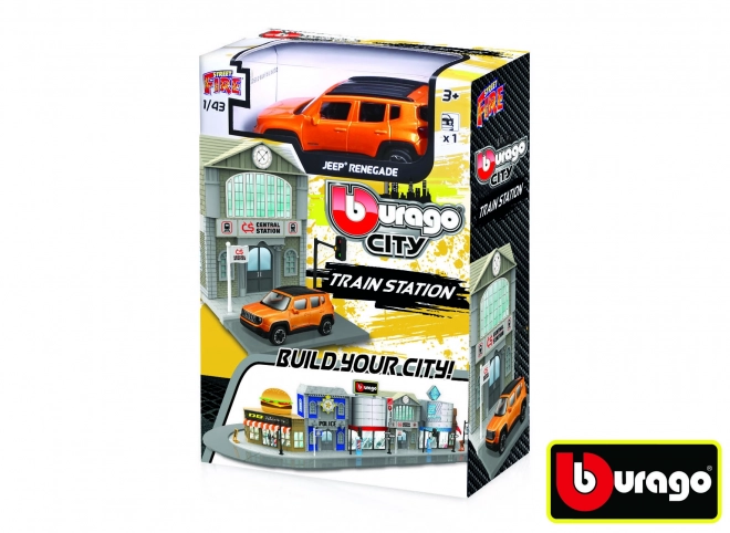 stație de tren Bburago City cu model auto Jeep Renegade la scara 1:43