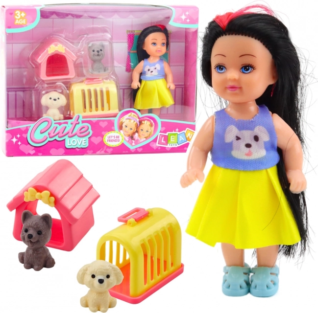 Set Mini Păpușă cu Rochiță Căsuță Câini Transportator
