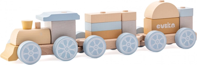 Cubika trenuleț curcubeu pastel cu două vagoane – puzzle din lemn, 15 piese