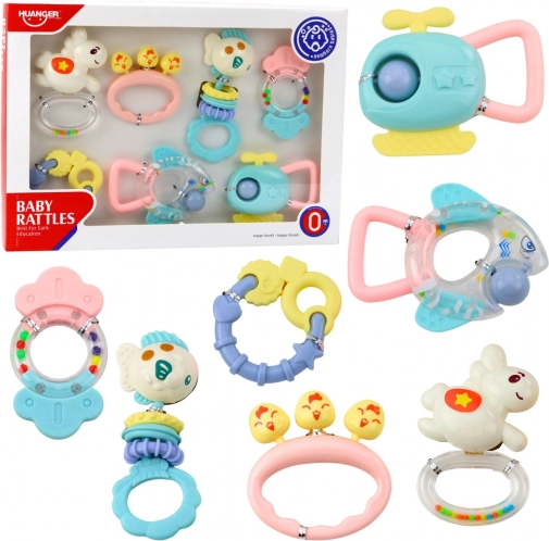 Set de zornăitoare și inele de dentiție pentru bebeluși – culori pastel, 7 bucăți
