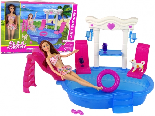 Set păpușă cu accesorii piscină și tobogan