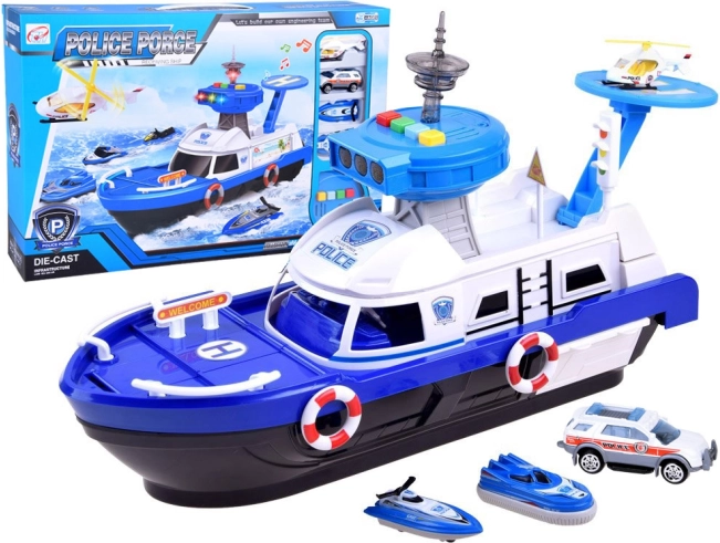 navă de poliție cu heliport și vehicule – set de joacă