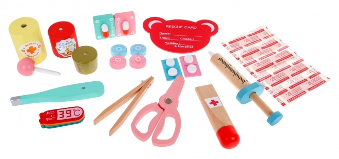 Set medical din lemn pentru copii 3+ cu 30 de accesorii și cărți educative incluse