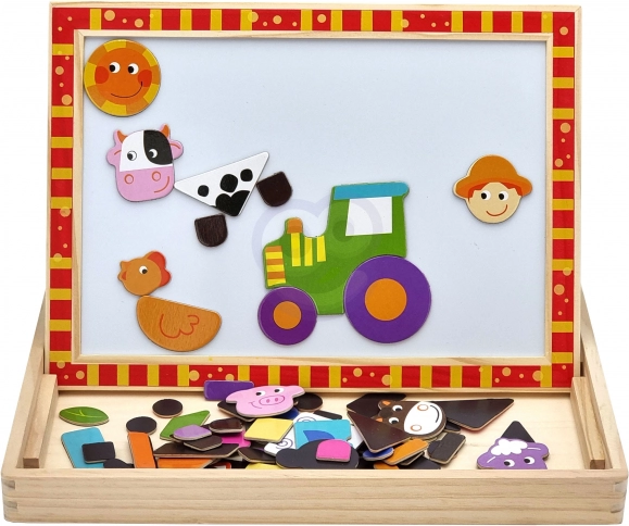 Tablă dublă din lemn Tooky Toy Fermă cu puzzle-uri magnetice
