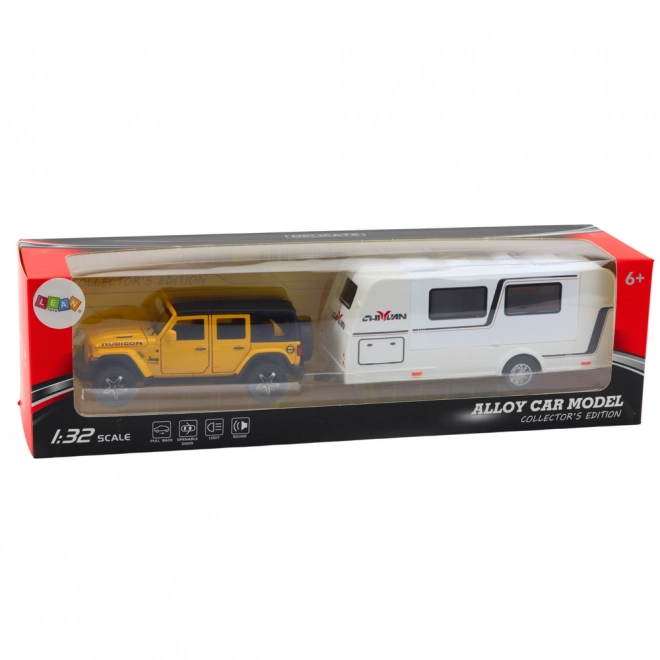 Set mașină off-road cu autorulotă galbenă scară 1:32
